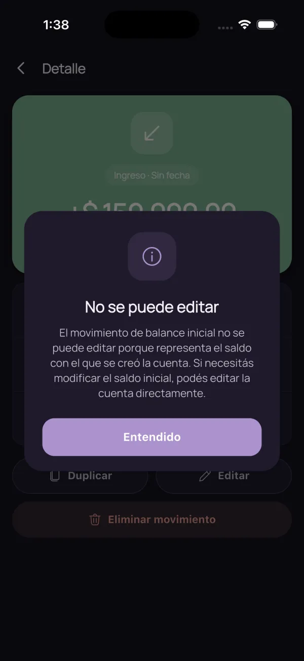 Aviso de que el balance inicial no se puede editar