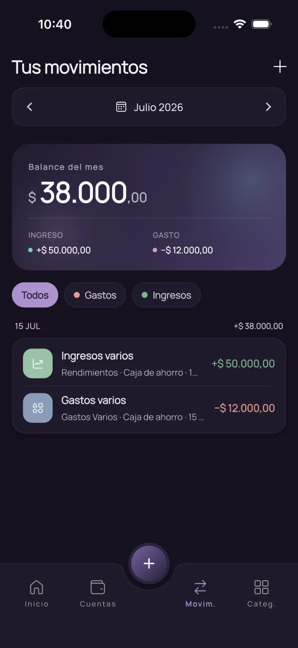 Listado de movimientos de otro mes usando el selector de mes