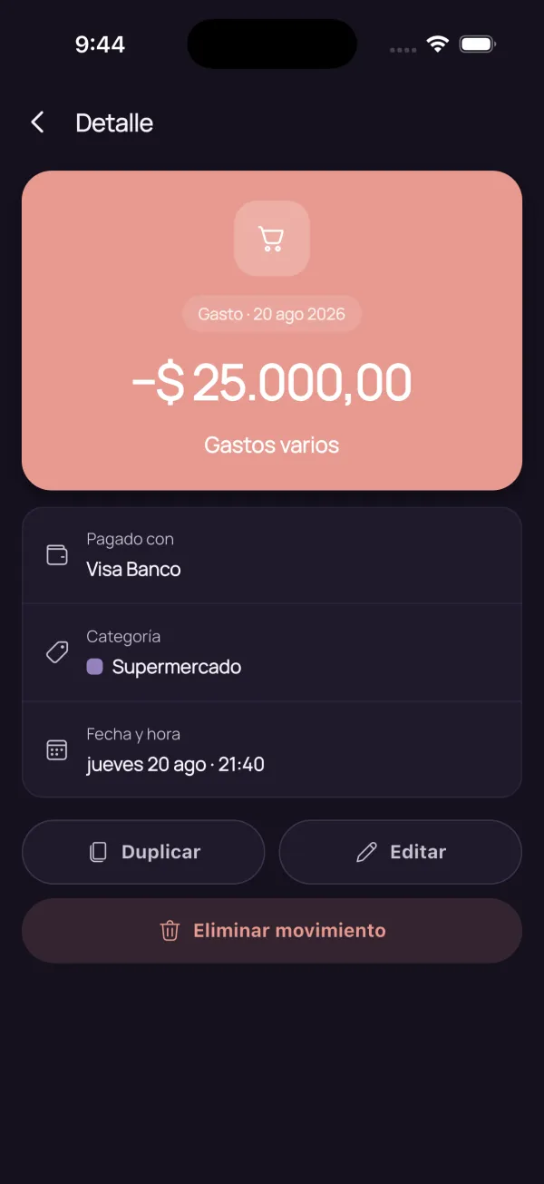 Detalle de un movimiento con los botones Duplicar, Editar y Eliminar movimiento