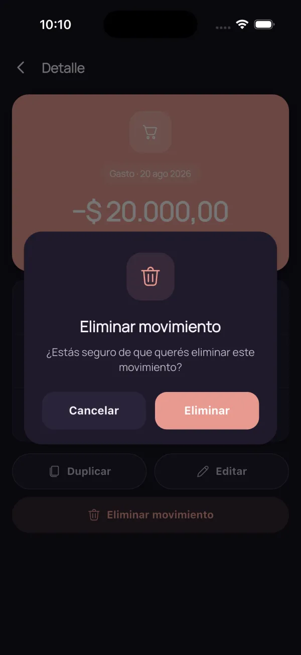 Diálogo de confirmación para eliminar un movimiento