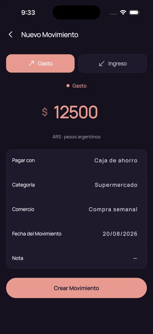 Formulario de nuevo gasto con monto, cuenta, categoría, comercio y fecha