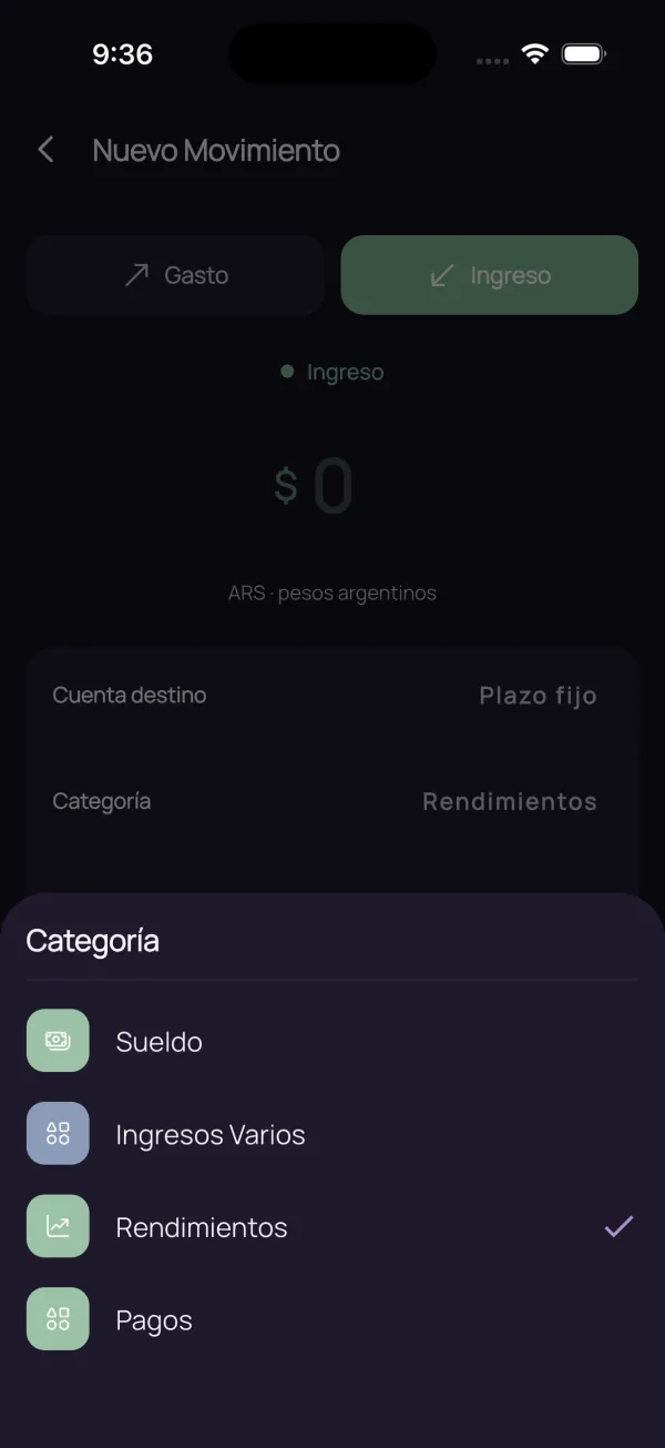 Selector de categorías de un ingreso, que muestra solo categorías de ingresos